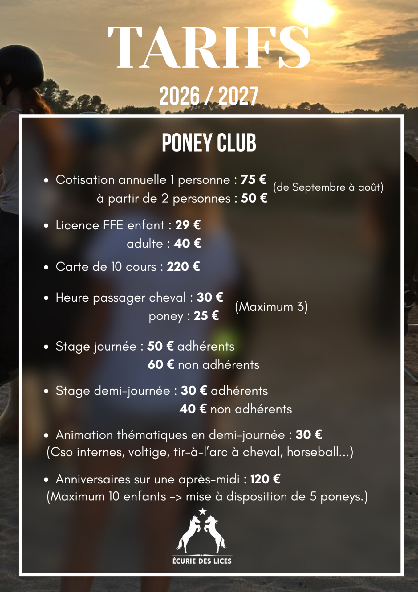 Tarifs poney club